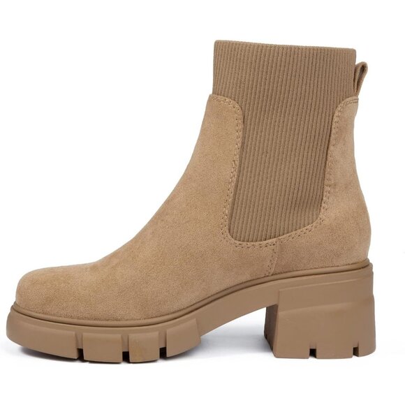Women's Beige Suede Elastic Chelsea Boots Chunky Block Heel Platform Ankle Boots - Picture 2 of 7
